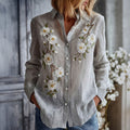 Vintage Embroidered Floral Linen Women's Long Sleeve Shirt elevenforest