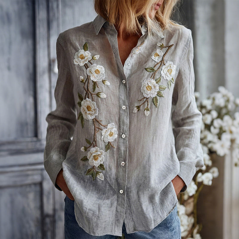 Vintage Embroidered Floral Linen Women's Long Sleeve Shirt elevenforest