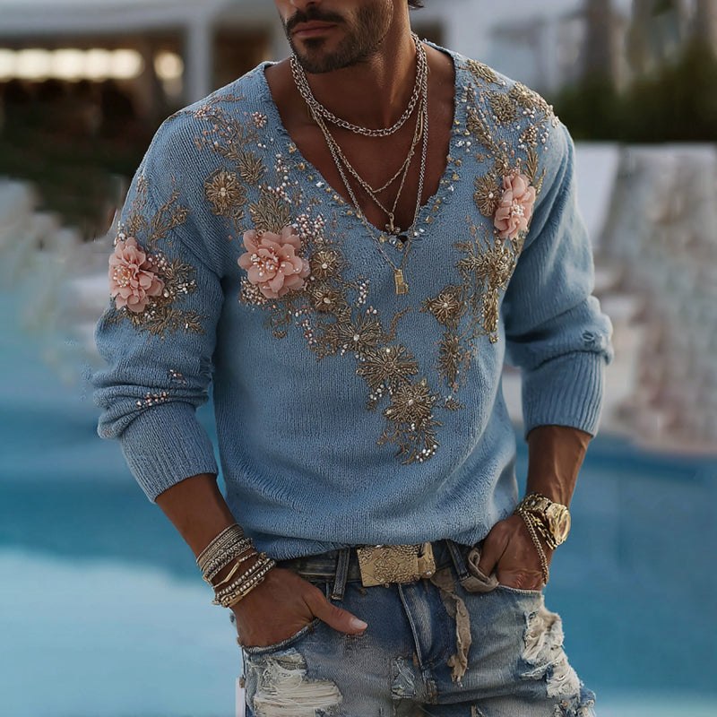 Men's Vintage Rose Floral Embroidered V Neck Cozy Sweater elevenforest