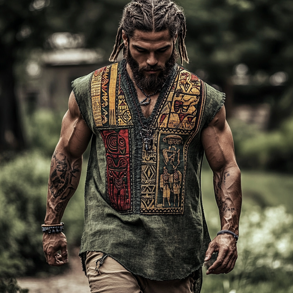 Men's African Ethnic Geometric Juneteenth Art Linen Tank Top elevenforest