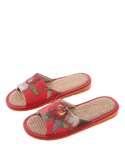 Summer Couple Linen Flower Print Indoor Flat Slippers Cc008