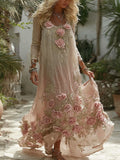Women's Vintage Pink Rose Embroidered Linen Dress elevenforest