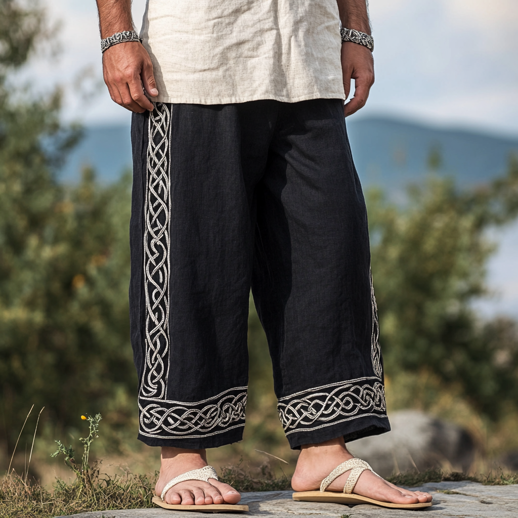 Vintage Viking Celtic Embroidery Art Linen Long Loose Wide-leg Pants elevenforest