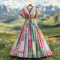 Women's Vintage Plaid Floral Patchwork Linen Short Sleeve Dress elevenforest