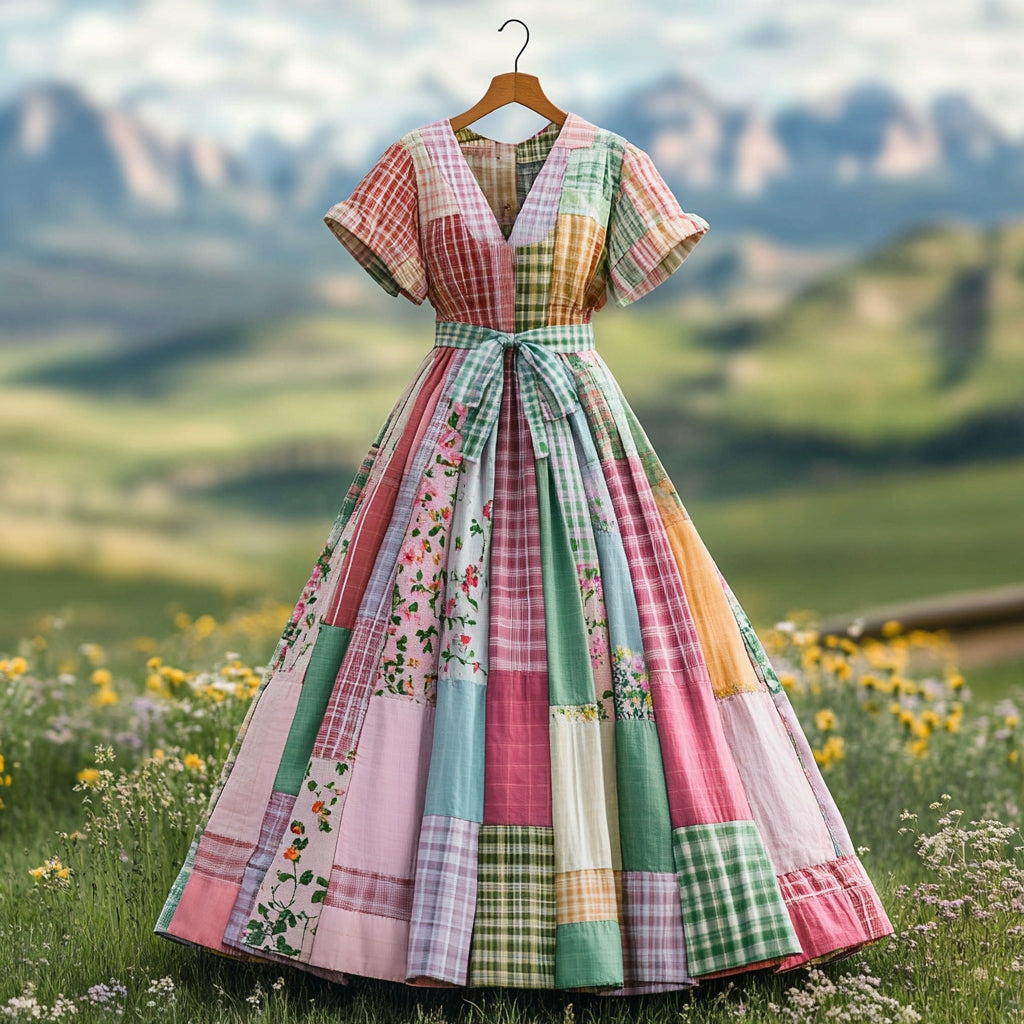 Women's Vintage Plaid Floral Patchwork Linen Short Sleeve Dress elevenforest