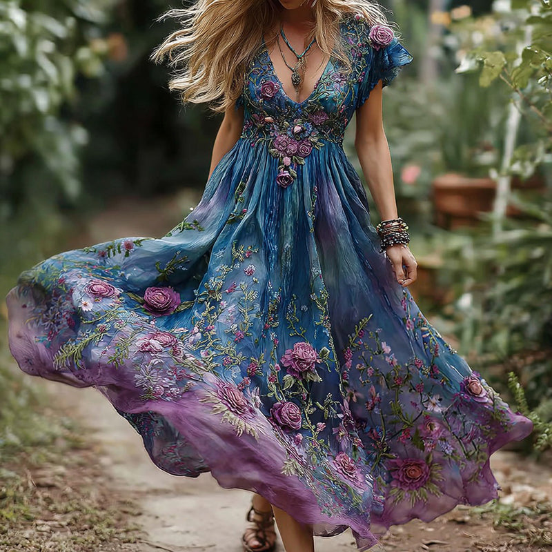Women's Retro Floral Gradient Casual Short Sleeve Maxi Dress elevenforest