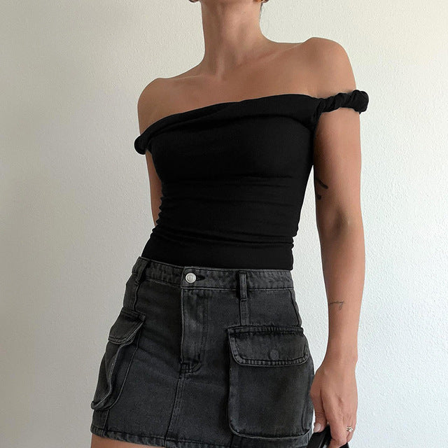 Taruxy Off Shoulder Slim Fit Twist Top for Sleeveless Patchwork Pullover Short T Shirt Female Summer