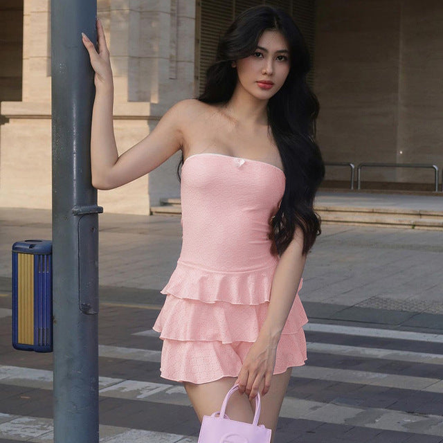 Taruxy Strpless Frill Tank Dress for Y2k Ribbed Knit Slim Vest Mini Dress Ruffled Bodycon Dresses Summer New