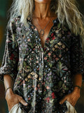 Women's Vintage Floral Art Print Casual Cotton Linen Shirt