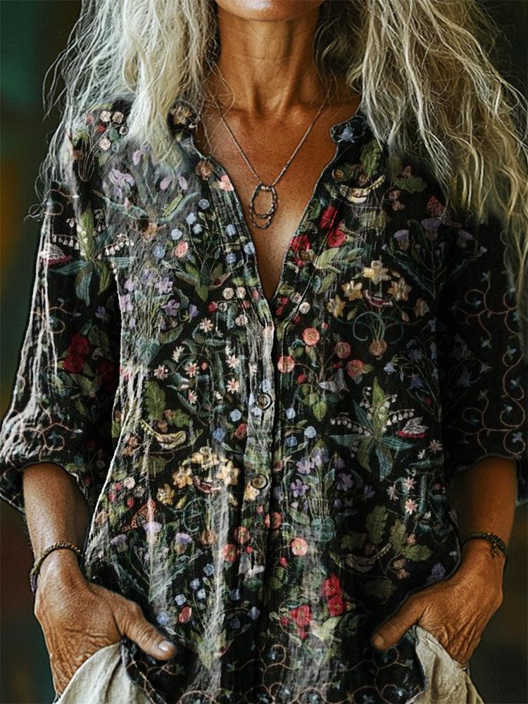Women's Vintage Floral Art Print Casual Cotton Linen Shirt