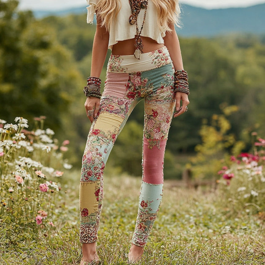 Vintage Patchwork Floral Print Casual Leggings elevenforest