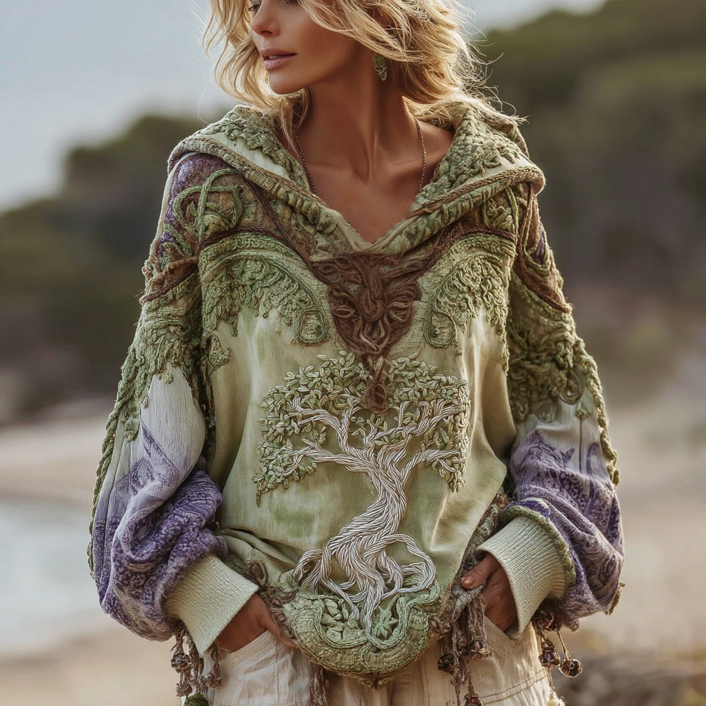 Women's Vintage Viking Tree Of Life Gradient V-neck Hoodie elevenforest