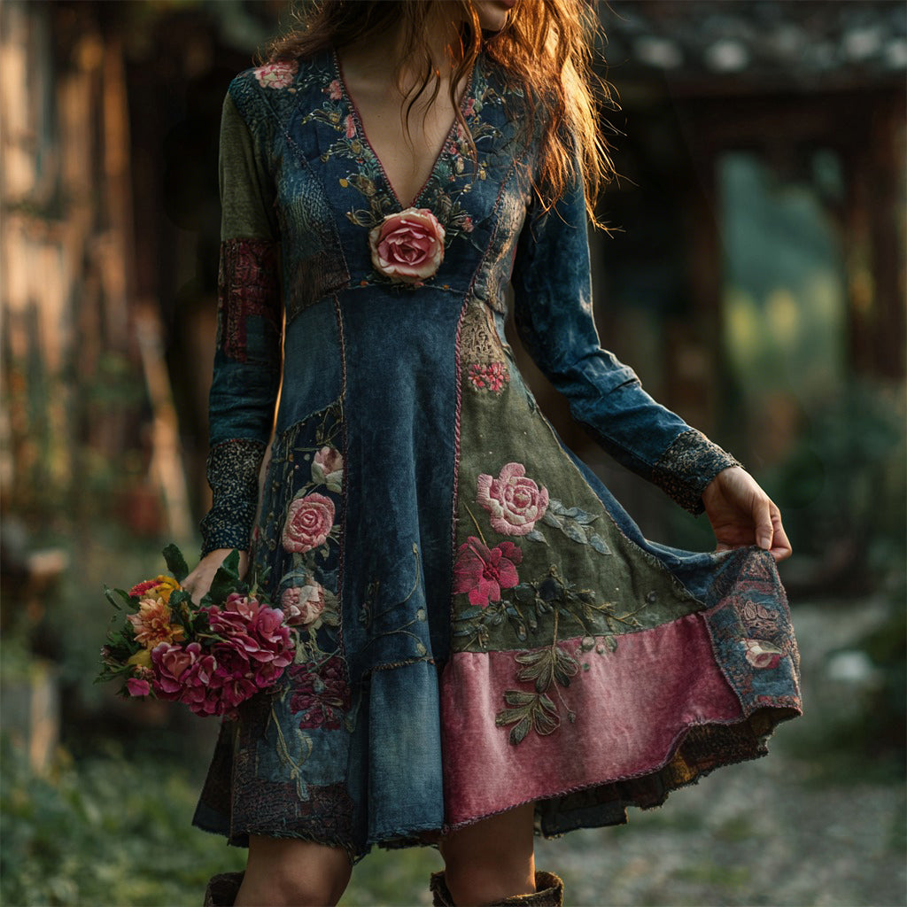 Women's Vintage Bohemian Floral Patchwork Long-sleeved Dress elevenforest