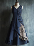 Elegant Lace Patchwork V Neck Linen Maxi Dress elevenforest