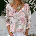 Floral Print V-neck Linen Blend T-shirt elevenforest
