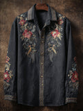 Vintage Floral Art Men's Linen Long Sleeve Shirt elevenforest