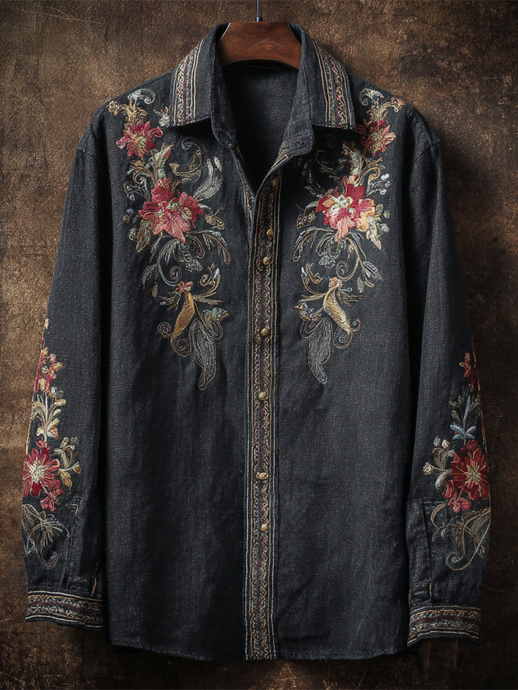 Vintage Floral Art Men's Linen Long Sleeve Shirt elevenforest