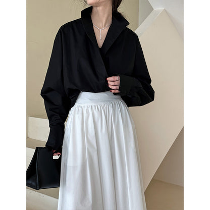 Profile Bandage Dress Stand Collar Deep V Plunge White Shirt Lazy Batwing Sleeve Large Version Blouse