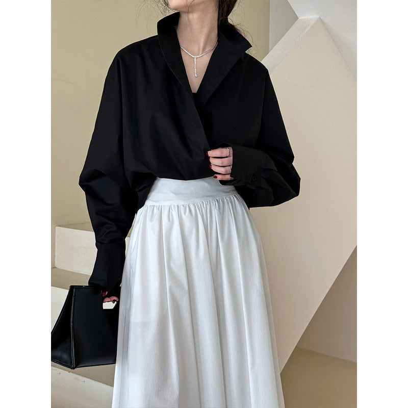 Profile Bandage Dress Stand Collar Deep V Plunge White Shirt Lazy Batwing Sleeve Large Version Blouse