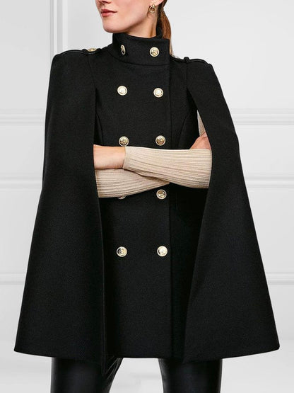 Loose Buttoned Color Stand Collar Woolen Coat Cape Coats