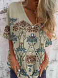 Women's Elegant Floral Pattern Shirt Style Cotton and Linen Top
