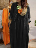 Women's Solid Color V-neck Casual 3/4 Sleeves Long Cotton And Linen Dress elevenforest