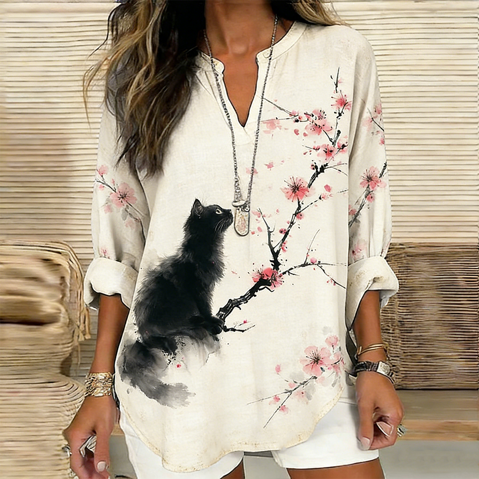 Comstylish Japanese Art Retro Cat And Flower Pattern Women's Top