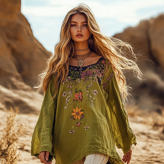 Retro Holiday Bohemian Art Holiday Print Cotton And Linen Blend Loose Blouse elevenforest