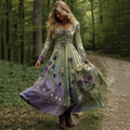 Vintage Classy Gradient Purple Lavender And Floral Embroidered Linen Maxi Dress elevenforest