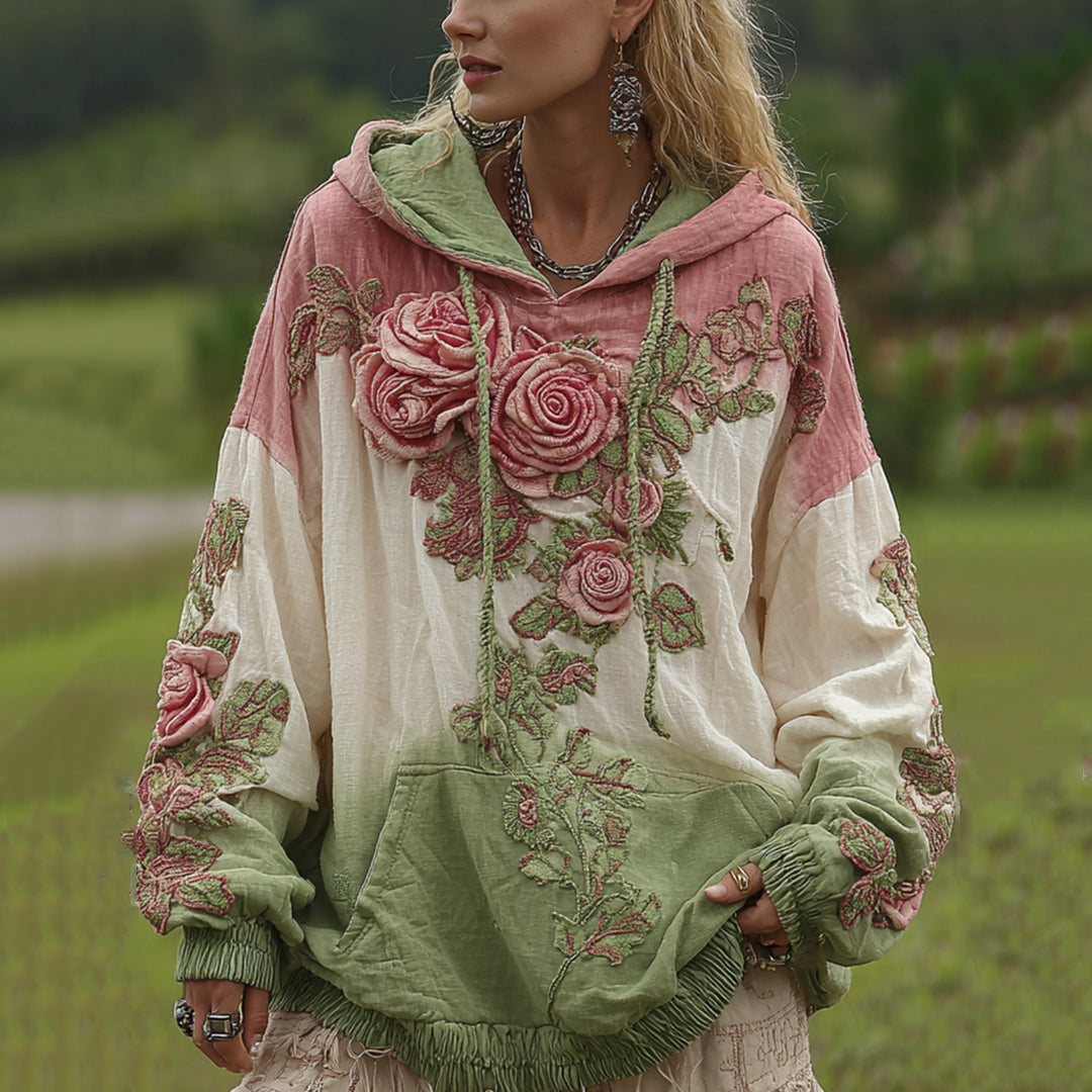 Love & Health Collection Classic Rose And Floral Art Linen Long Sleeve Hoodie elevenforest