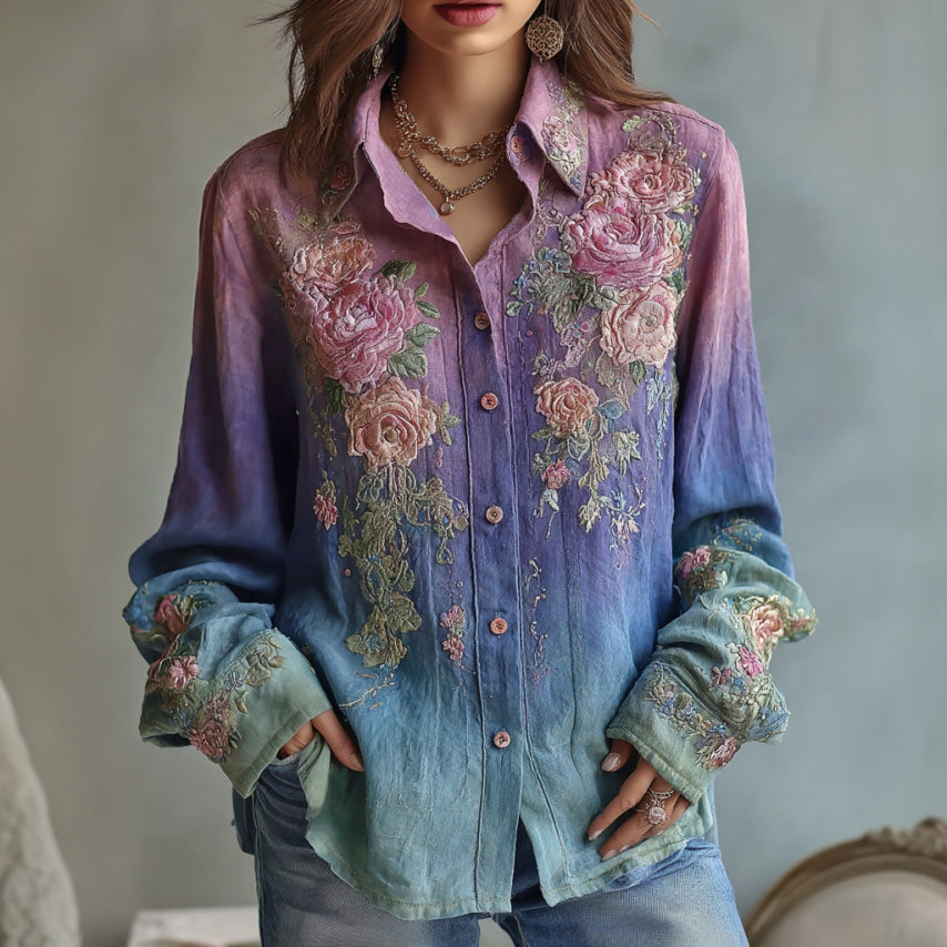 Women's Bohemian Floral Pattern Linen Shirt elevenforest