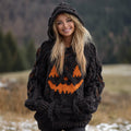 Halloween Pumpkin Face Women's Chunky Knit Hooded Sweater artswardrobe