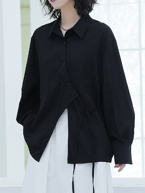 Loose Puff Sleeves Asymmetric Lace-up See-through Color Split-joint Lapel Blouses