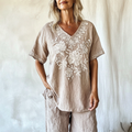 Women's Vintage Floral Pattern Cotton And Linen V-neck Shirt elevenforest