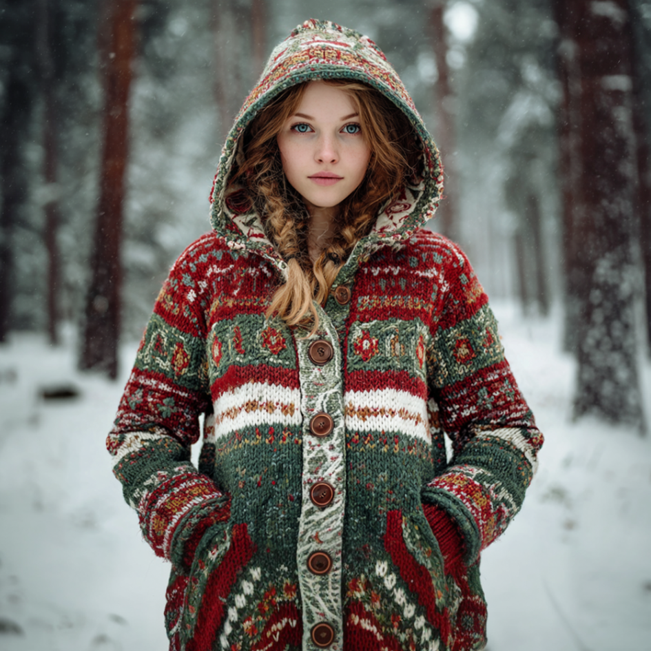 Women's Retro Christmas Printed Winter Warmth Knit Hooded Sweater Coat elevenforest