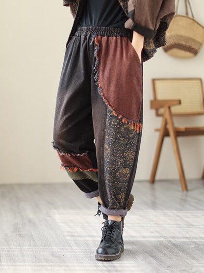 Contrast Color Fringed Split-joint Long Sleeves Printed Outwear + Harem Pants Two Pieces Set