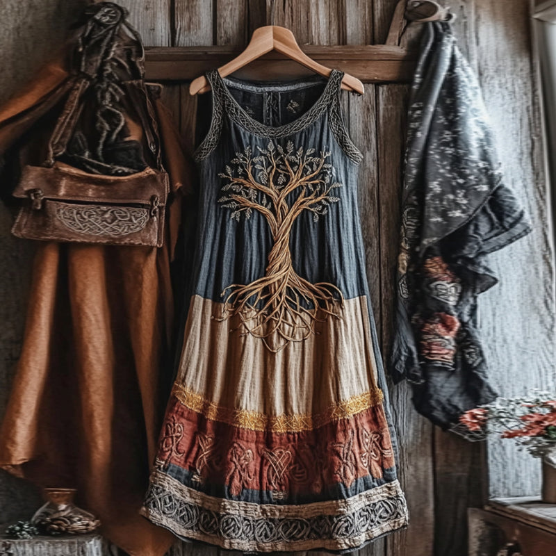 Vintage Viking Pattern Color Block Casual Tank Dress elevenforest