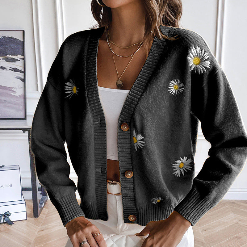 Sweet Clothing Small Chrysanthemum Embroidery V Neck Sweater Coat Autumn Winter Loose Knitted Cardigan