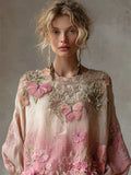 Pink Butterflies Boho Embroidered Gradient Flowy Linen Tunic elevenforest