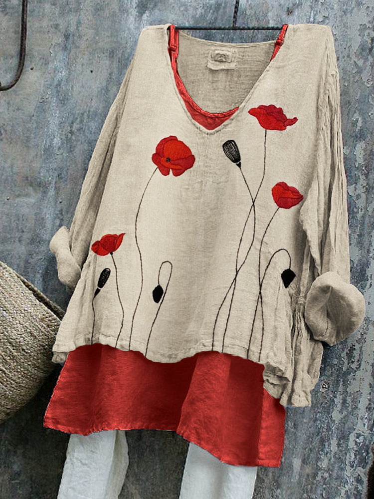Comstylish Classy Poppies Embroidered Linen Tunic