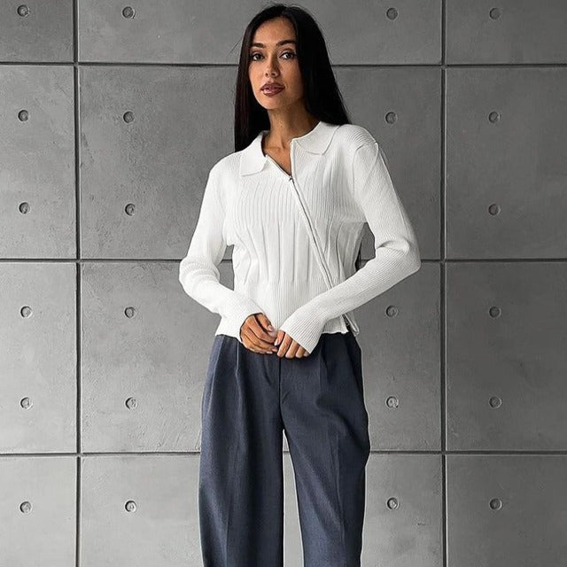 Taruxy White Knitted Cardigan Ribbing Turn Collar Zipper Slim Sweater Femme Autumn Winter Knitwear Cardigans Woman