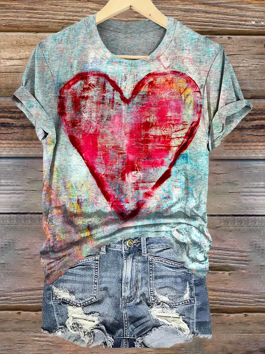 Vintage Graffiti Heart Art Pattern Print Crew Neck T-shirt