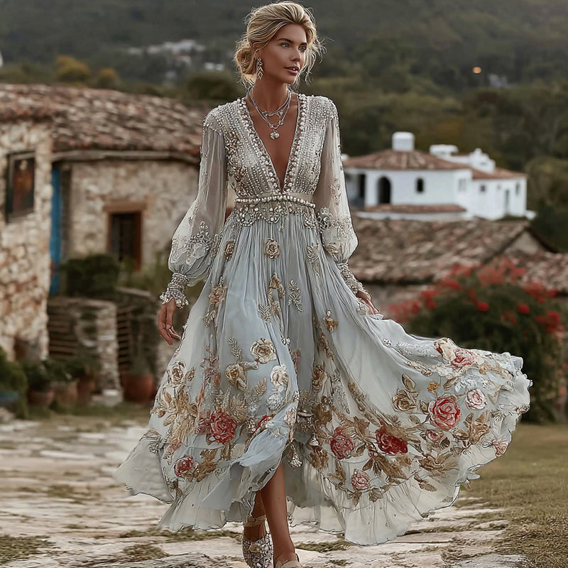 Women's Vintage Bohemian Floral Embroidered Casual Long Sleeve Dress elevenforest