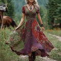 Bohemian Style Retro Floral Pattern Women's V-neck Dress elevenforest