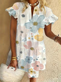 Flower ruffle short-sleeved V-neck button dress holiday beach dress