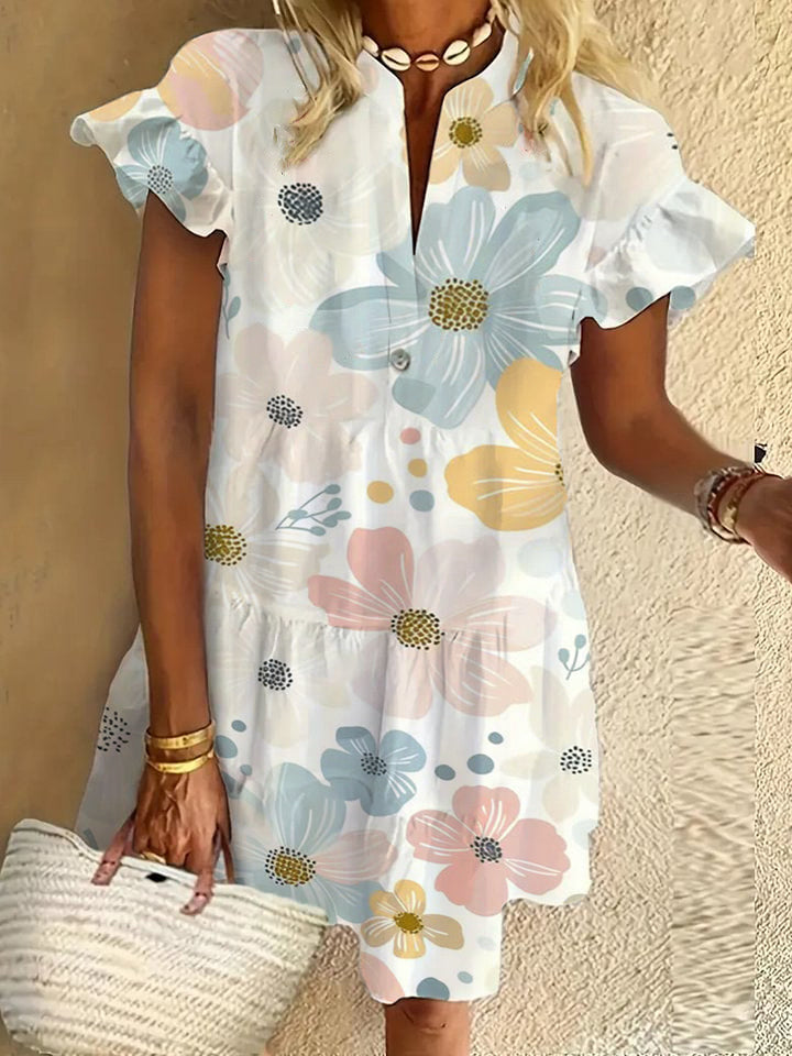 Flower ruffle short-sleeved V-neck button dress holiday beach dress