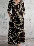Vintage Abstract Lines Art Pattern Linen Maxi Dress elevenforest