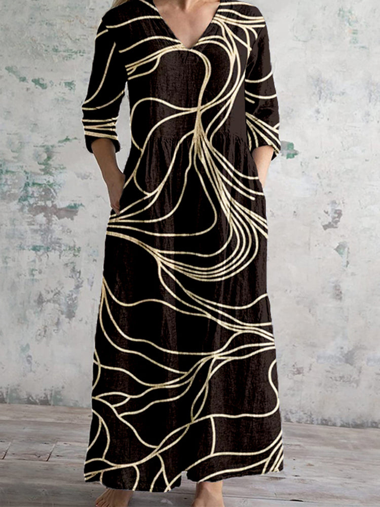 Vintage Abstract Lines Art Pattern Linen Maxi Dress elevenforest