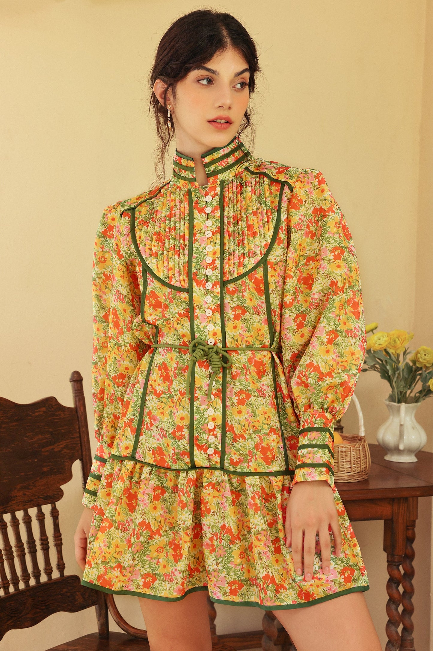 Puff Long Sleeve High Collar Lace Up Ruffle Mini Dress