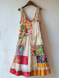 Boho Floral Pattern Patchwork Linen Blend Dress elevenforest